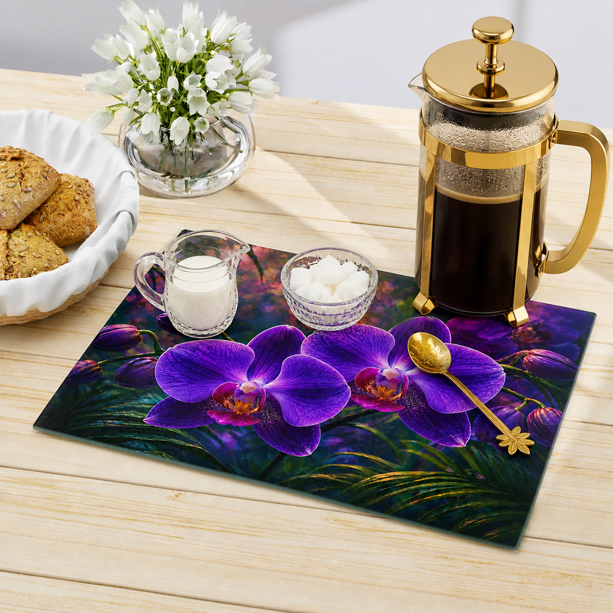 Glass Coffee Station Tray — Twilight Orchids, Glass, 2 sizes