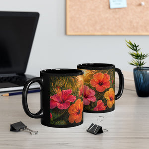 Tropical Hibiscus Sunset Mug — Floral Black Coffee Cup (11oz/15oz)