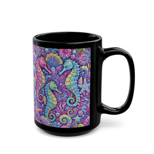 Black Coffee Mug - Seahorse Trio, Purple Fantasy