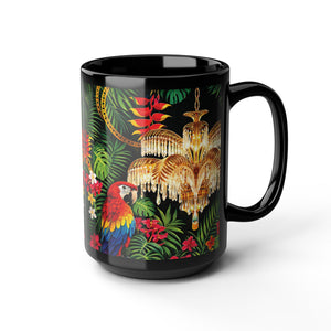 Tropical Parrot Black Mug — Jungle Floral Design with Chandelier (11oz/15oz)