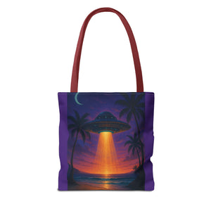 UFO at Beach Sunset Tote Bag, Purple - 3 Sizes