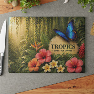 Glass Coffee Station Tray - 'Tropics Lifestyle Coffee Rainforest Butterfly