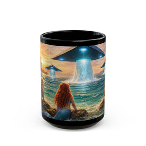 Black Coffee Mug - UFO & 3 Mermaids