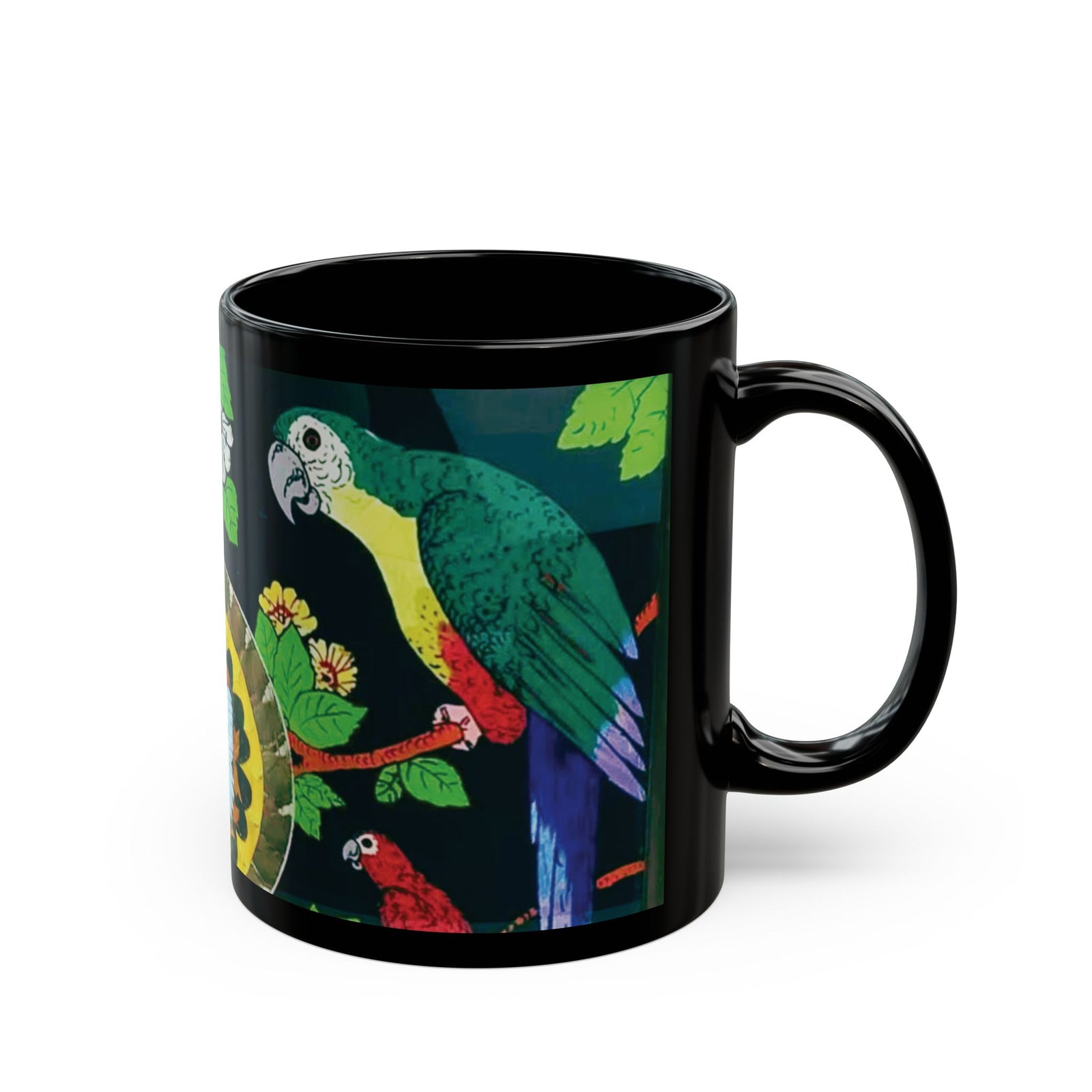 Black Coffee Mug- Parrots & Real Butterfly Wings