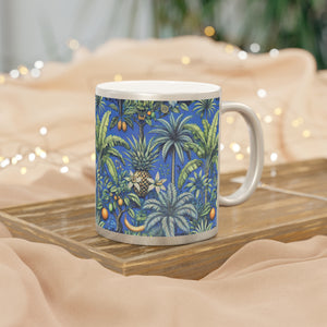 Tropical Metallic Mug, Gold or Silver - Tropical Palms & Fruit, Ocean Blue
