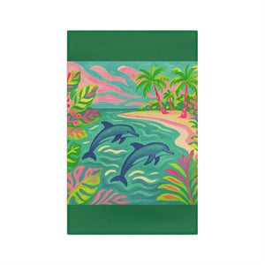 Tropical Microfiber Coffee/Tea Towel ~ Jumping Dolphins, Dark Green