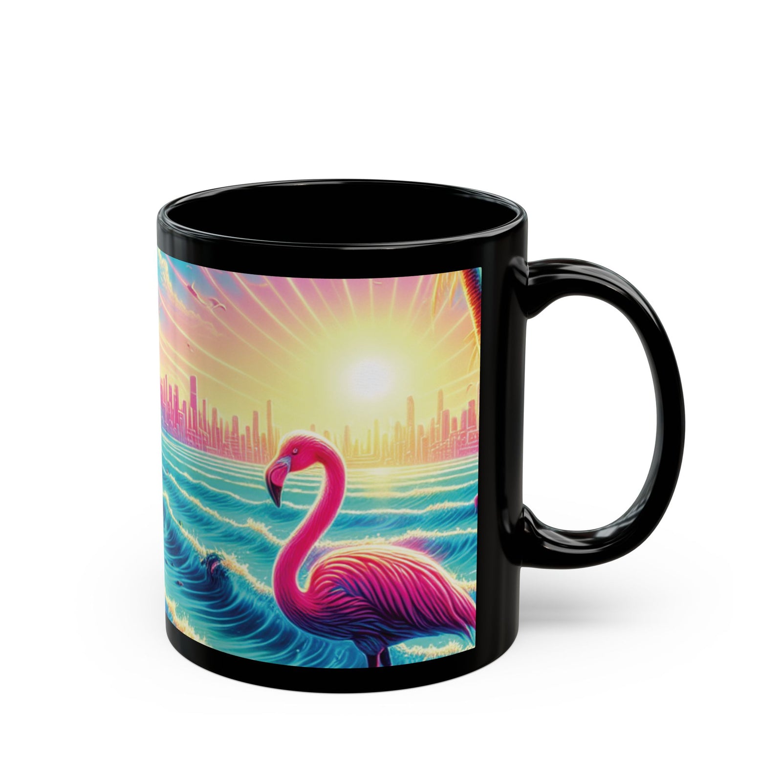 Black Coffee Mug - Pop Art Flamingo Beach