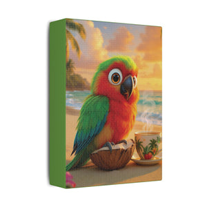 Tropical Beach Canvas - Tiki the Parrot Sunrise Wall Art, Green