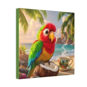 Tropical Canvas Wall Art — Tiki the Parrot With Coffee V2, Green