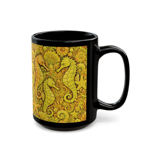 Black Coffee Mug - Seahorse Trio, Yellow