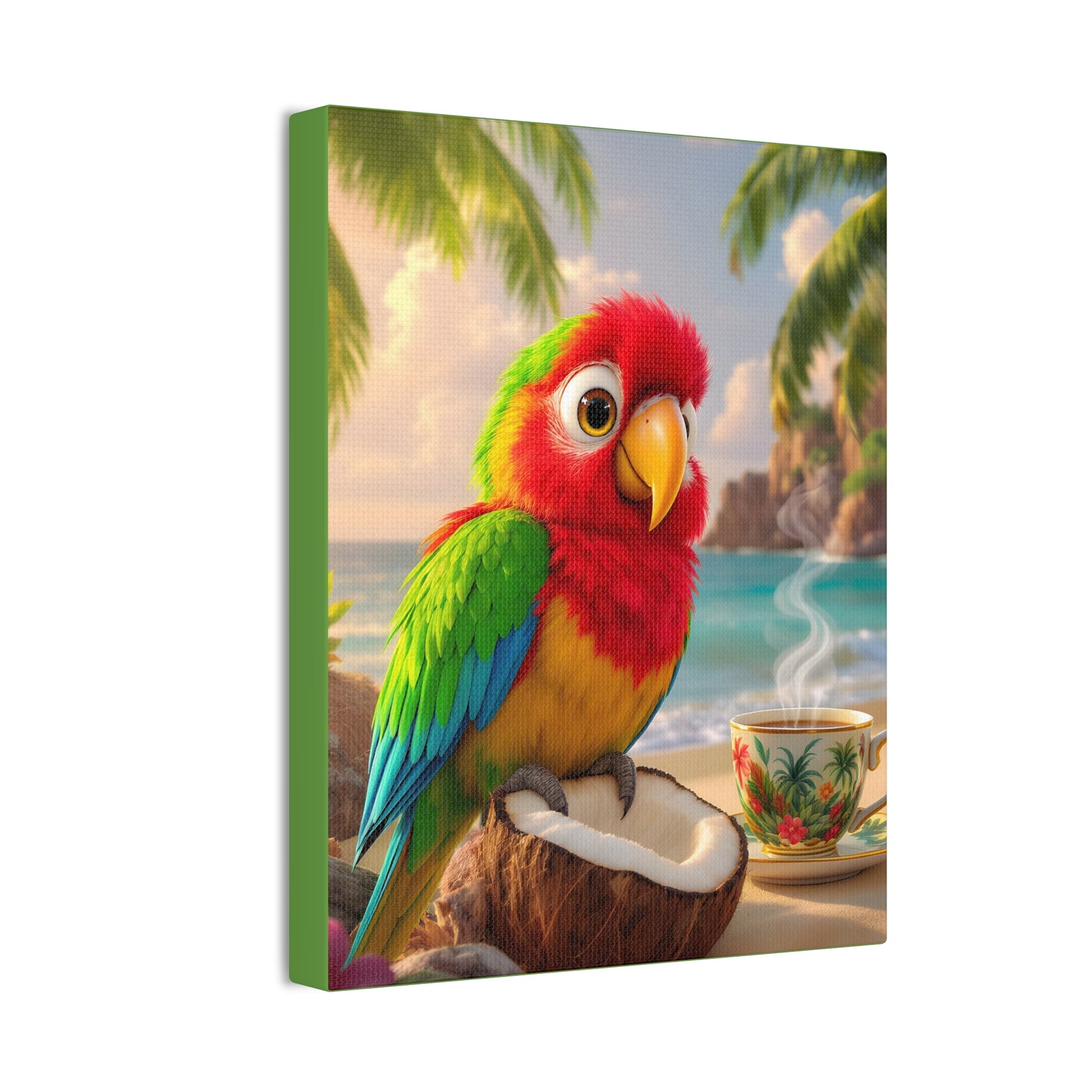 Tropical Canvas Wall Art — Tiki the Parrot With Coffee V2, Green