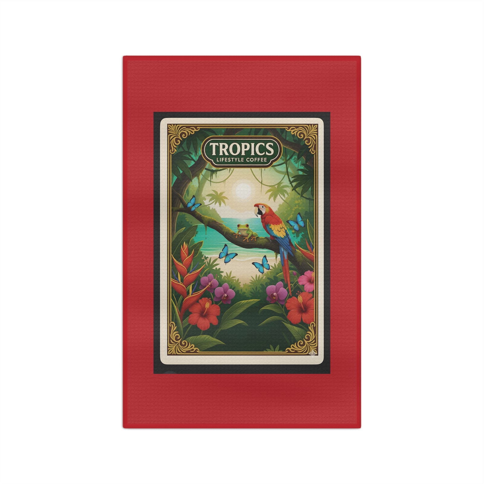 Tropical Microfiber Coffee/Tea Towel — Vintage Jungle Seaside Friends, Dark Red