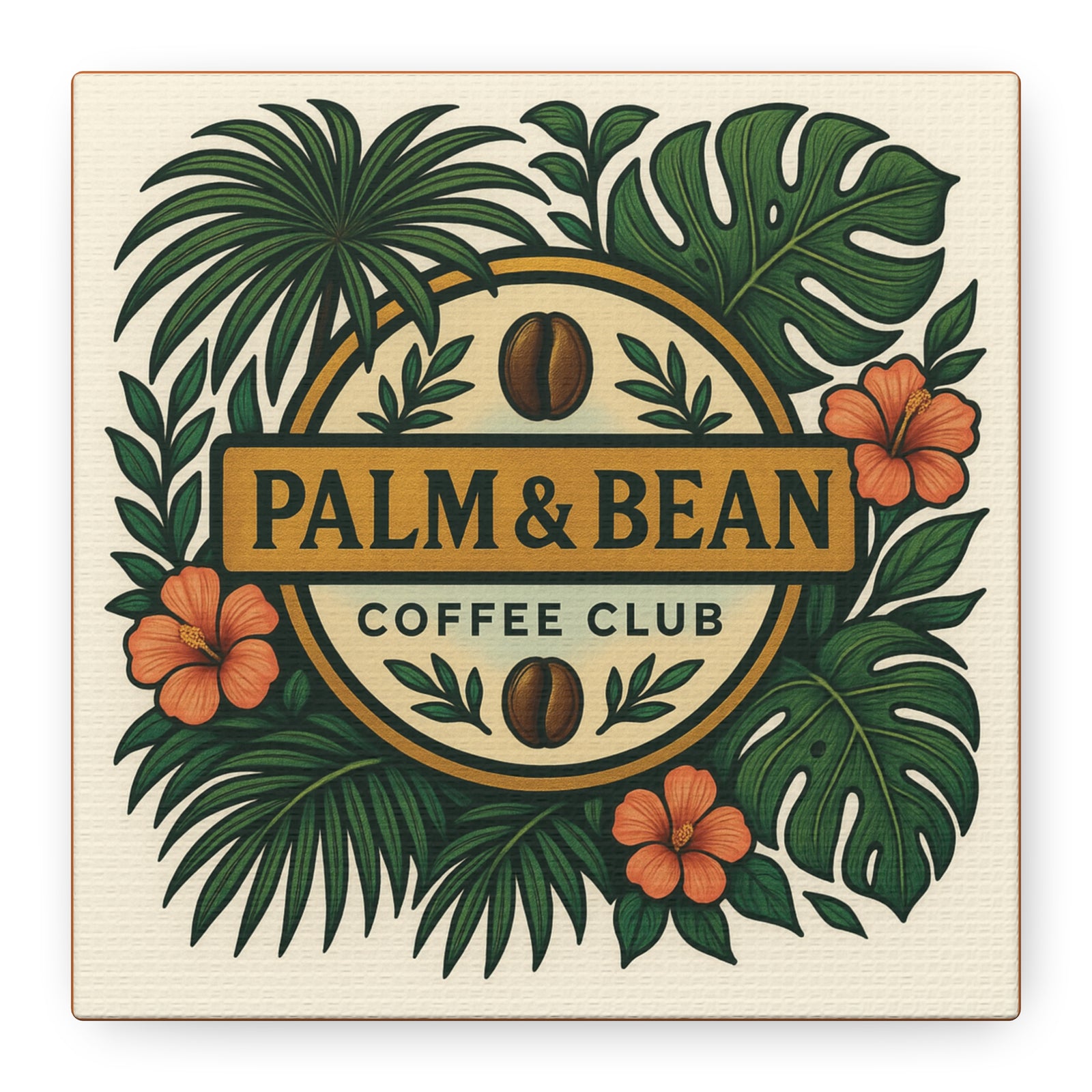 Tropical Coffee Shop Sign ~ Palm & Bean Coffee Club Canvas Wall Art, Crusta Orange