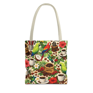 Tropical Parrots & Coffee Tote Bag, Green - 3 Sizes