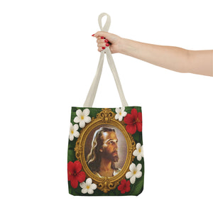 Religious Art Polyester Tote Bag, 3 Sizes / "Head of Christ" Jesus Portrait, Red Flowers