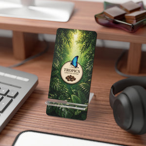 Tropical Butterfly Mobile Phone Stand —Smartphone Display Stand, Tropics Lifetyle Coffee Logo