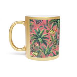 Tropical Metallic Mug, Gold or Silver - Tropical Palms & Fruit, Coral