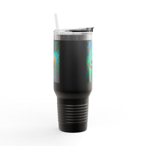 Insulated Travel Mug, 40oz / Peacock Eye Feather, Turquoise- Perfect for Outdoor Adventures