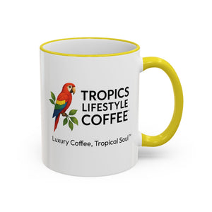 Accent Rim & Handle Coffee Mug ~ Tropics Lifestyle Coffee Parrot Logo