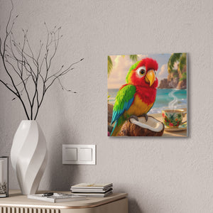 Tropical Parrot Canvas Wall Art — Colorful Beach Scene with Coffee Cup