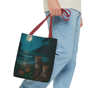 Tropical Beach & Jaguars Tote Bag, Black - 3 Sizes