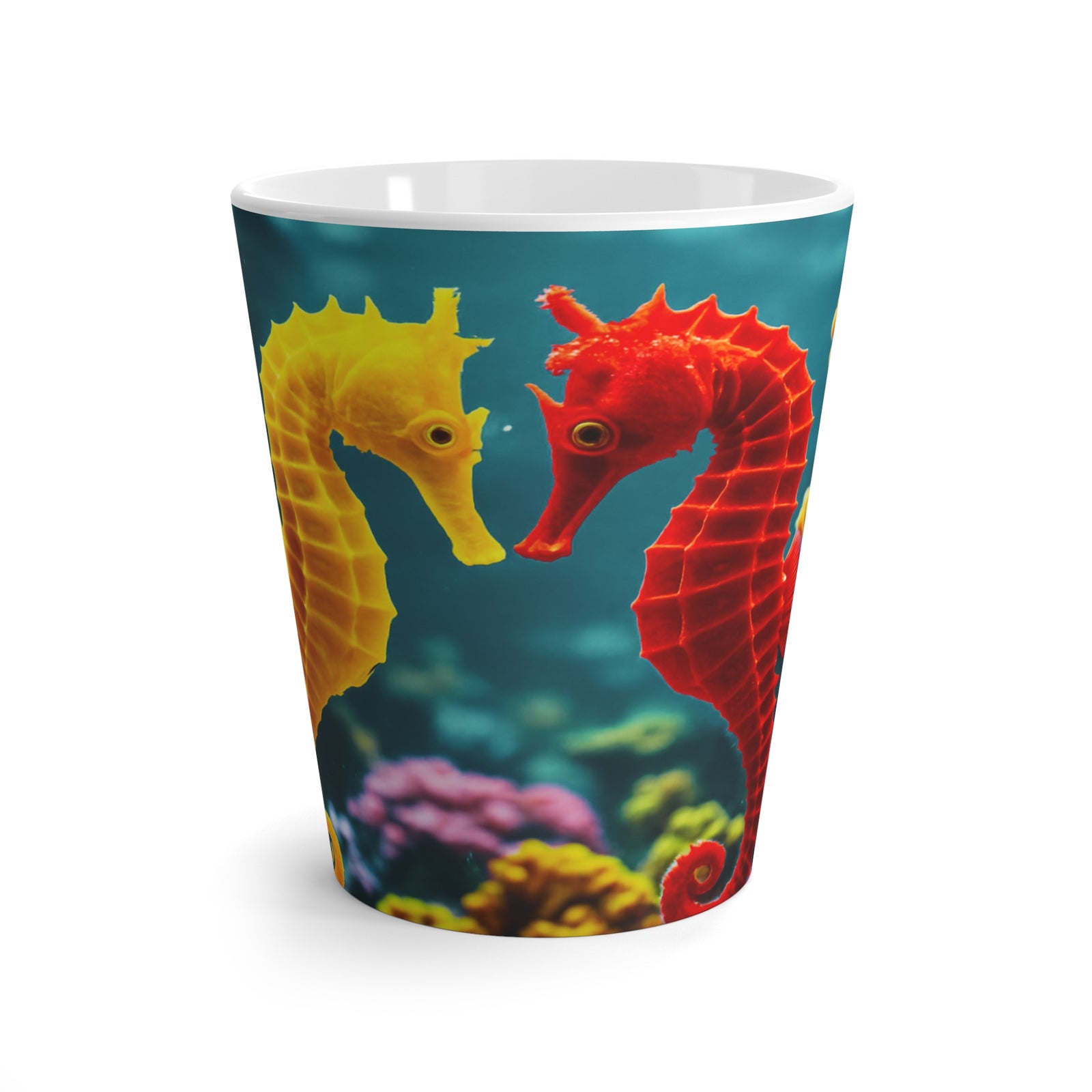 White Latte Mug — Colorful Seahorses in Love