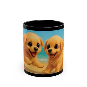 Black Coffee Mug - Two Puppies on Beach