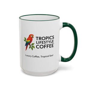 Accent Rim & Handle Coffee Mug ~ Tropics Lifestyle Coffee Parrot Logo