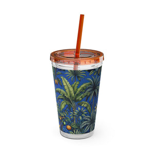 Tropical Tumbler with Straw | 16 oz: Tropical Palms & Fruit, Blue