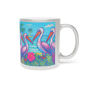 Tropical Metallic Mug, Gold or Silver: Beach Pelicans