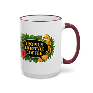 Accent Rim & Handle Coffee Mug ~ Tropics Lifestyle Coffee Seahorse Logo/White