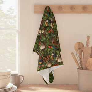 Microfiber Coffee & Tea Towel — Tropical Parrot, Toucan & Coffee Pattern