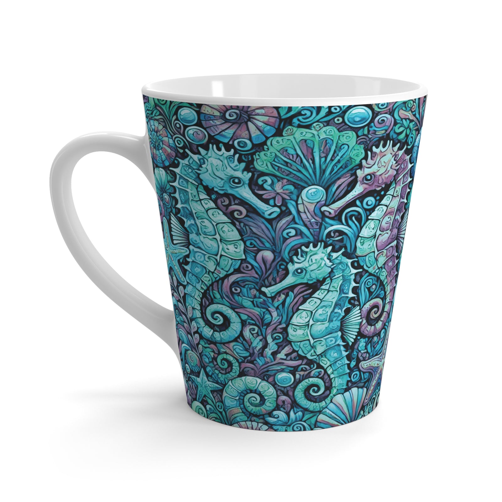 Latte White Mug - Seahorses, Turquoise