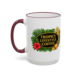 Accent Rim & Handle Coffee Mug ~ Tropics Lifestyle Coffee Seahorse Logo/White