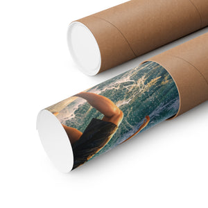 Surfing Encounter UFO Poster — Matte Vertical Sci‑Fi Beach Art Print