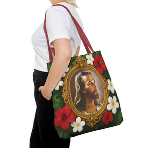 Religious Art Polyester Tote Bag, 3 Sizes / "Head of Christ" Jesus Portrait, Red Flowers
