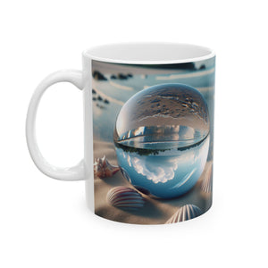 Ceramic White Mug - 11oz & 15oz, Beach Illusion Ball