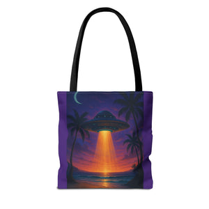 UFO at Beach Sunset Tote Bag, Purple - 3 Sizes
