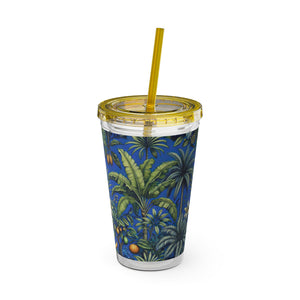 Tropical Tumbler with Straw | 16 oz: Tropical Palms & Fruit, Blue