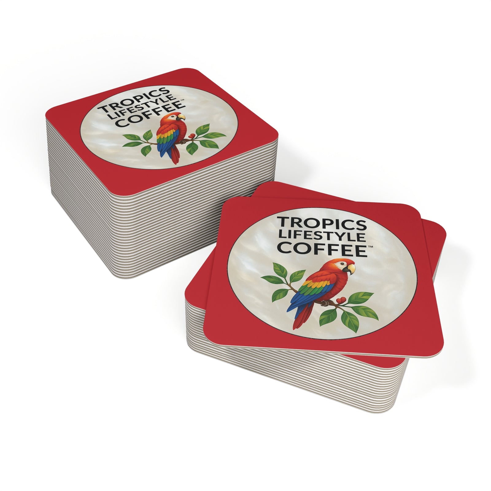 Bulk Hardboard Coffee Coasters — Parrot MOP Logo (50/100 pcs), dark red
