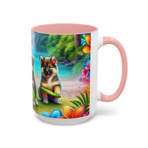 Cute Beach Puppies Playing Frisbee - Black Coffee Mug - Perfect Gift for Dog Lovers