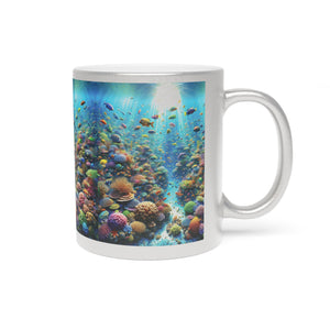 Tropical Metallic Mug, Gold or Silver - Busy Coral Reef