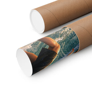 Surfing Encounter UFO Poster — Matte Vertical Sci‑Fi Beach Art Print