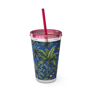Tropical Tumbler with Straw | 16 oz: Tropical Palms & Fruit, Blue