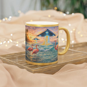 Tropical Metallic Mug, Gold or Silver - UFOs & Flamingos