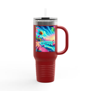 Insulated Travel Mug, 40oz / Pop Art Flamingo Beach