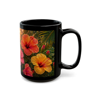 Tropical Hibiscus Sunset Mug — Floral Black Coffee Cup (11oz/15oz)