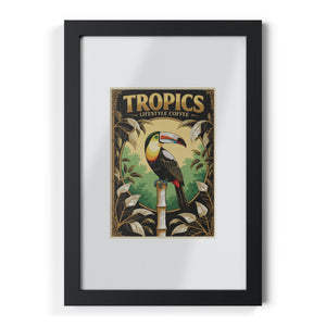 Framed Coffee Art Print — Tropical Toucan Poster for Home Decor