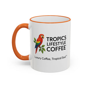 Accent Rim & Handle Coffee Mug ~ Tropics Lifestyle Coffee Parrot Logo