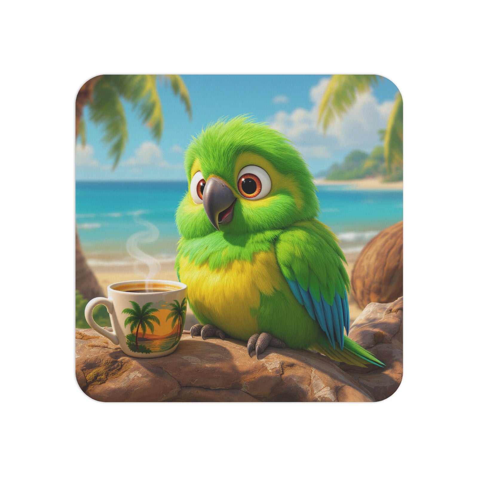 Bulk Hardboard Coffee Coasters — Cute Lulu the Parrot (50/100 pcs)